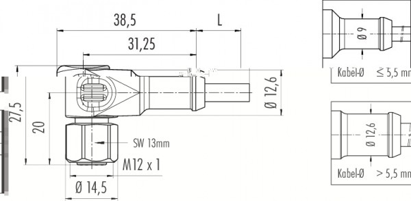 Binder Winkeldose M12A Serie 763 mit Kabel grau